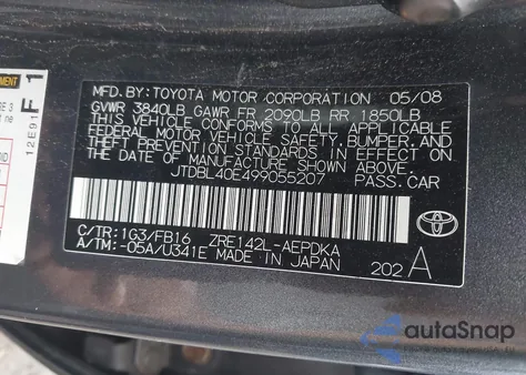 2009 Toyota Corolla Le from USA, damaged, VIN JTDBL40E499055207
